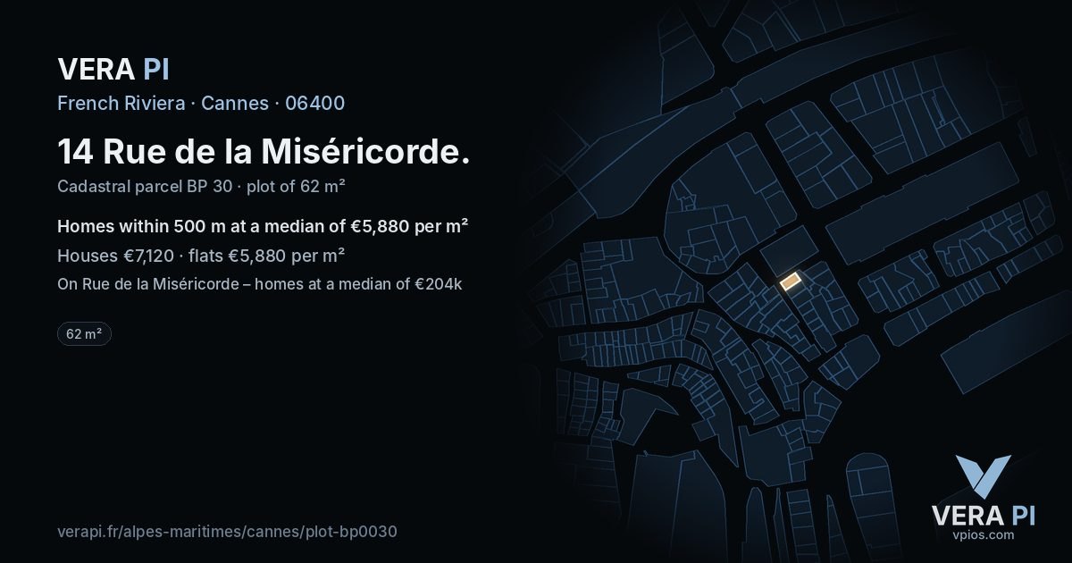 14 Rue de la Miséricorde, Cannes at night – the plot lit, the parcels around coloured by the prices near them