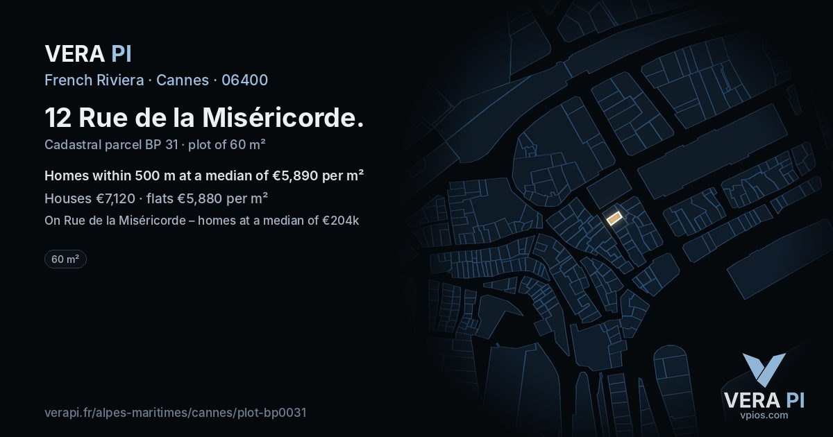 12 Rue de la Miséricorde, Cannes at night – the plot lit, the parcels around coloured by the prices near them