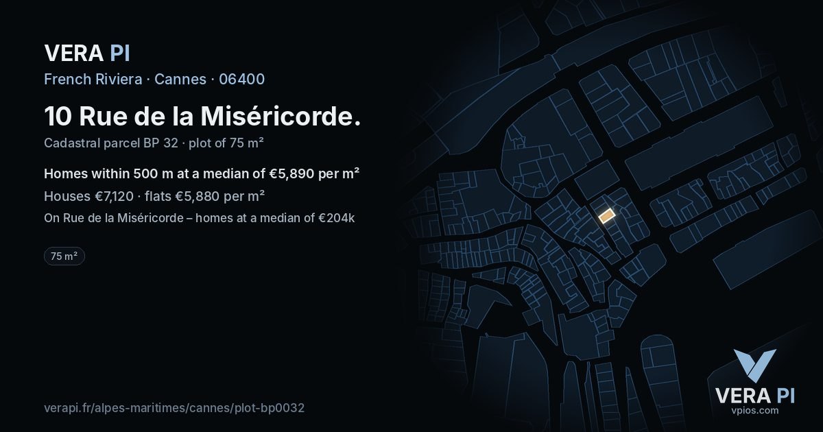 10 Rue de la Miséricorde, Cannes at night – the plot lit, the parcels around coloured by the prices near them