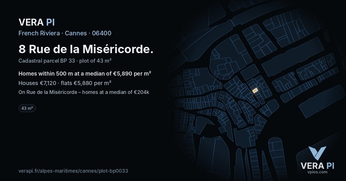 8 Rue de la Miséricorde, Cannes at night – the plot lit, the parcels around coloured by the prices near them