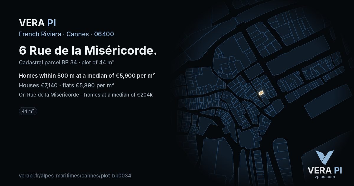 6 Rue de la Miséricorde, Cannes at night – the plot lit, the parcels around coloured by the prices near them