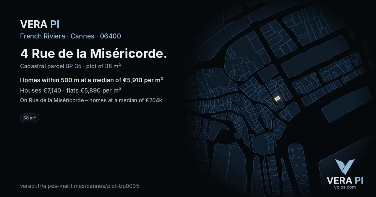 4 Rue de la Miséricorde, Cannes at night – the plot lit, the parcels around coloured by the prices near them