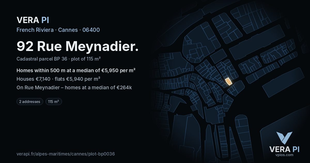 92 Rue Meynadier, Cannes at night – the plot lit, the parcels around coloured by the prices near them