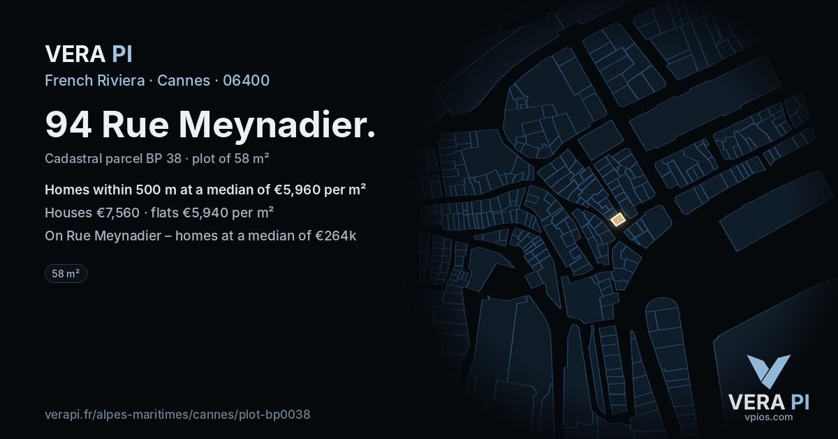 94 Rue Meynadier, Cannes at night – the plot lit, the parcels around coloured by the prices near them