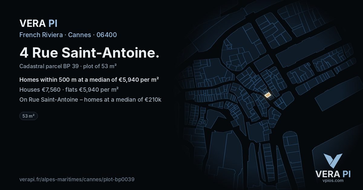 4 Rue Saint-Antoine, Cannes at night – the plot lit, the parcels around coloured by the prices near them