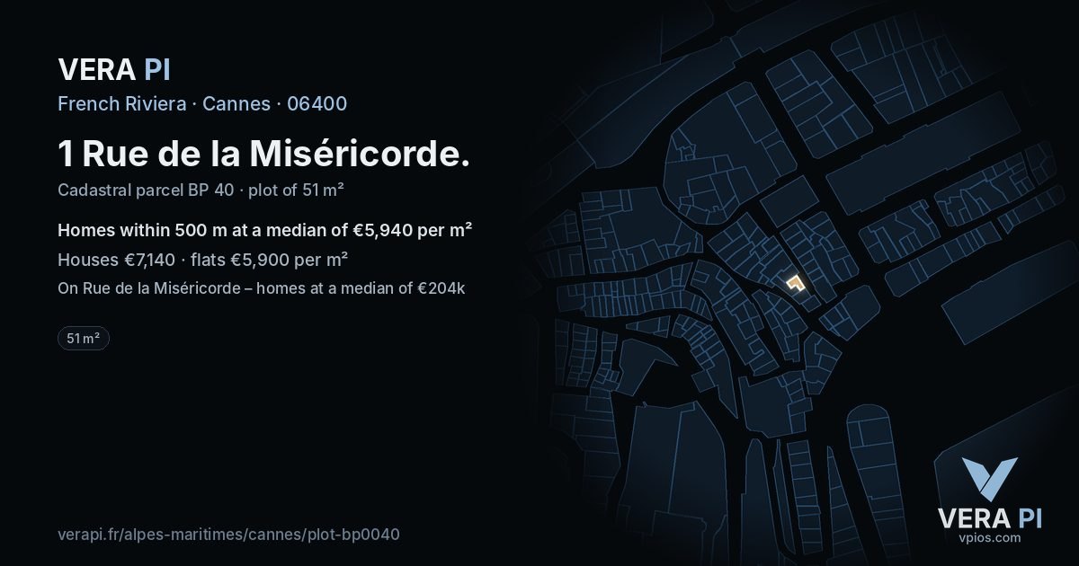 1 Rue de la Miséricorde, Cannes at night – the plot lit, the parcels around coloured by the prices near them
