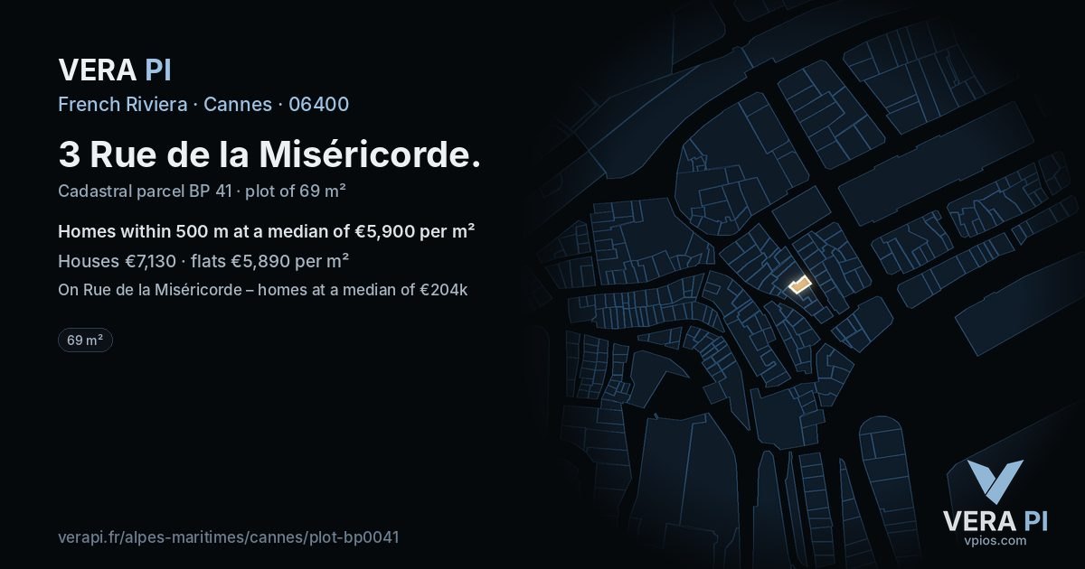 3 Rue de la Miséricorde, Cannes at night – the plot lit, the parcels around coloured by the prices near them