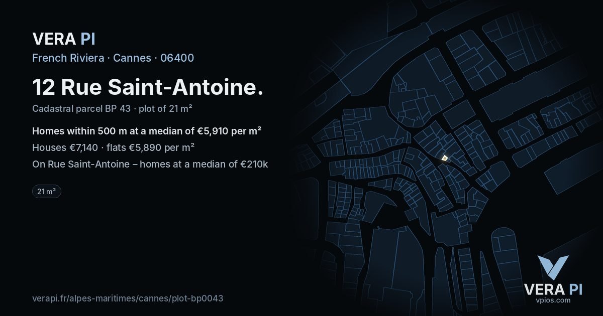 12 Rue Saint-Antoine, Cannes at night – the plot lit, the parcels around coloured by the prices near them