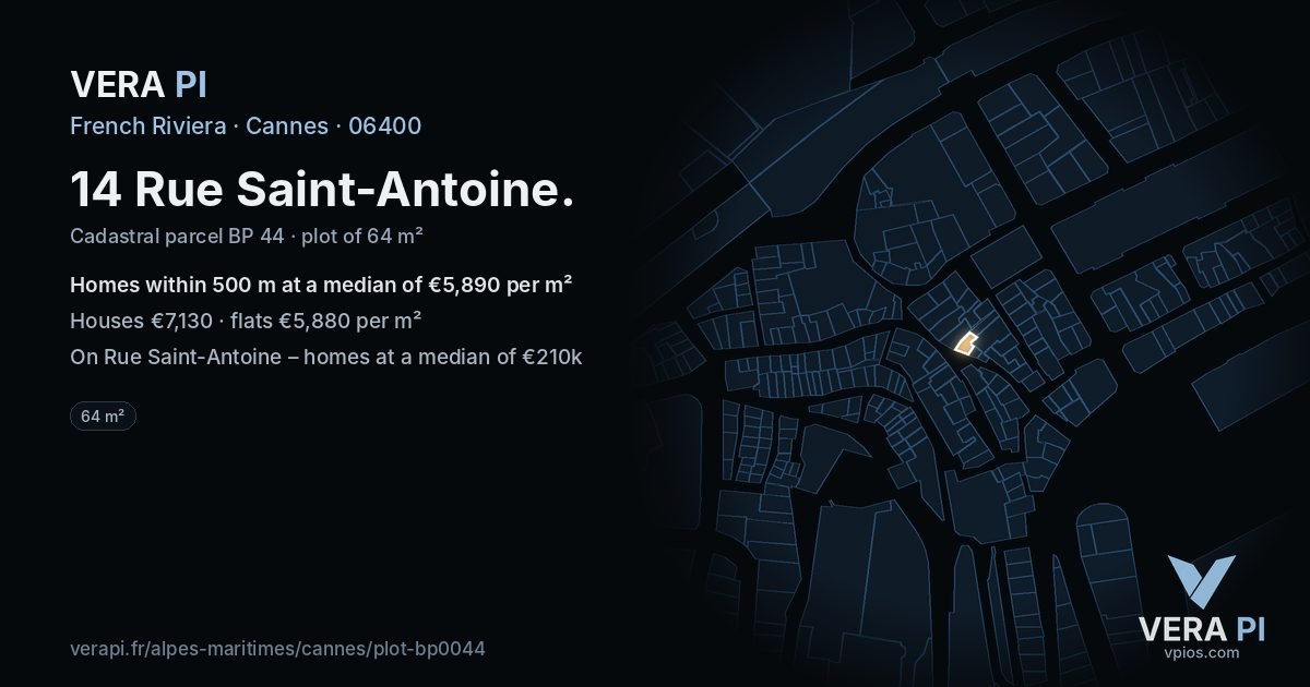 14 Rue Saint-Antoine, Cannes at night – the plot lit, the parcels around coloured by the prices near them