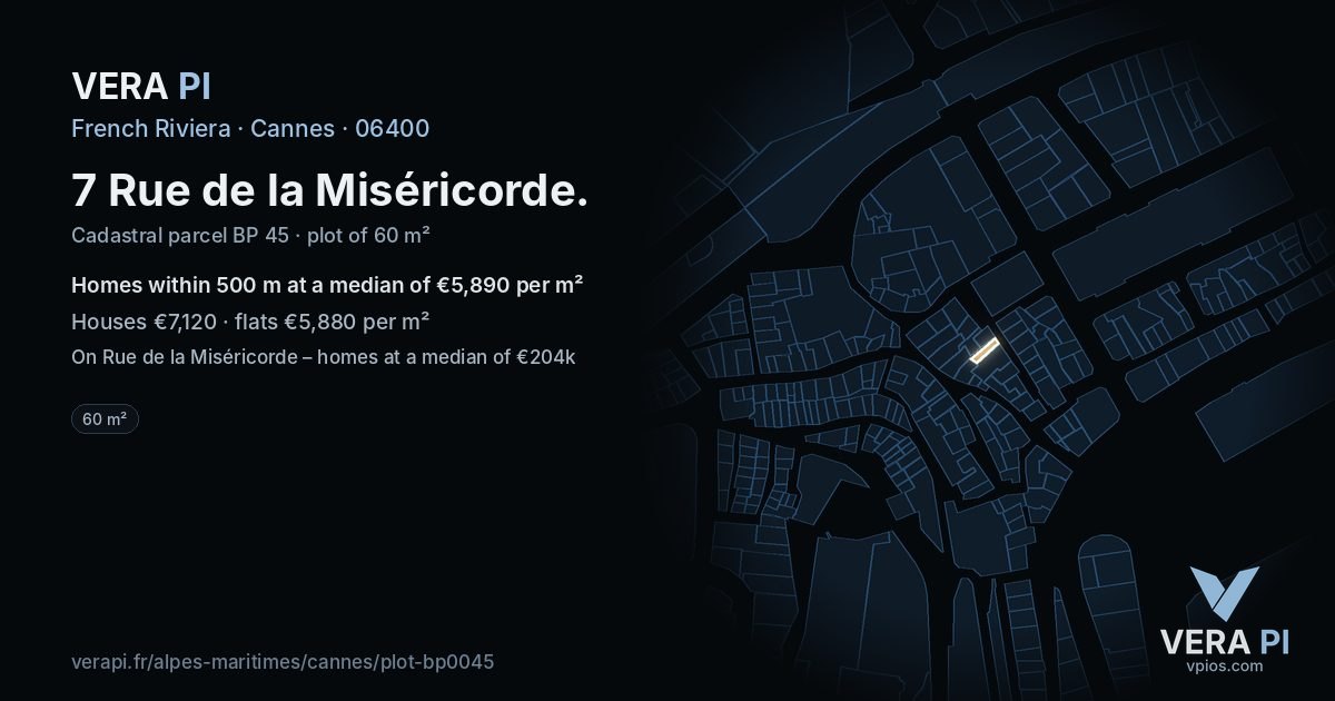 7 Rue de la Miséricorde, Cannes at night – the plot lit, the parcels around coloured by the prices near them