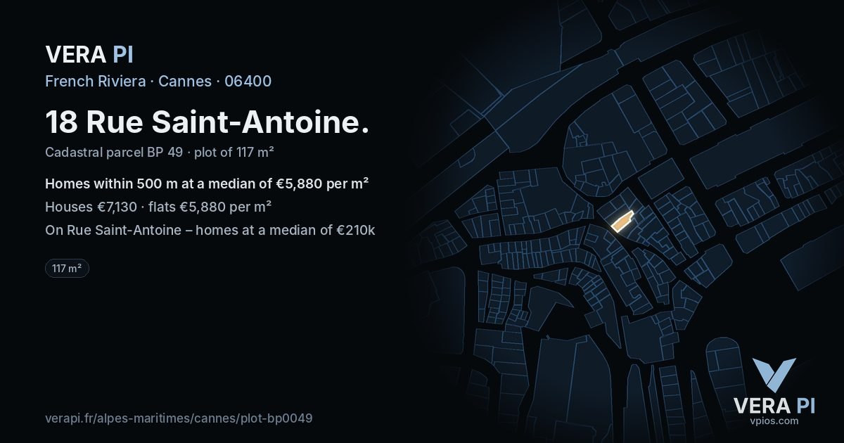 18 Rue Saint-Antoine, Cannes at night – the plot lit, the parcels around coloured by the prices near them