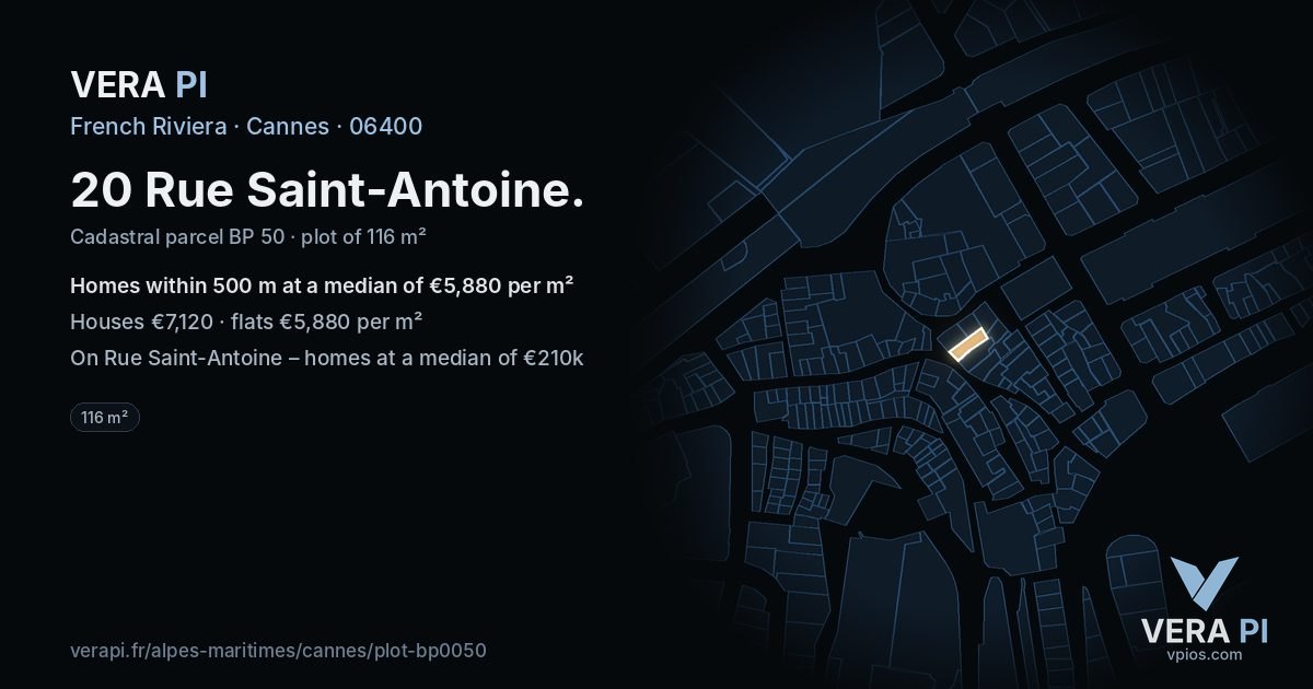 20 Rue Saint-Antoine, Cannes at night – the plot lit, the parcels around coloured by the prices near them