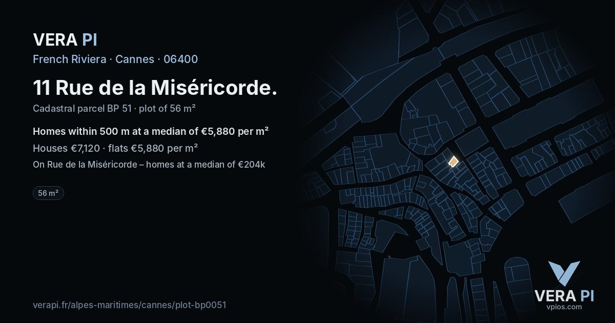 11 Rue de la Miséricorde, Cannes at night – the plot lit, the parcels around coloured by the prices near them