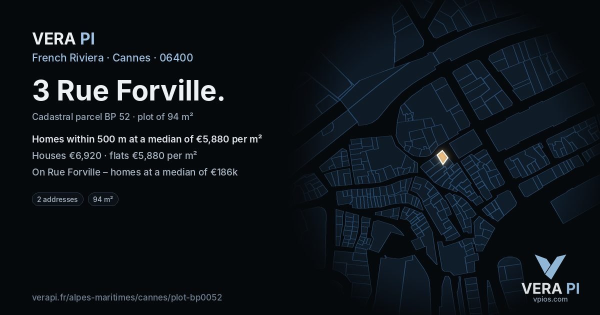 3 Rue Forville, Cannes at night – the plot lit, the parcels around coloured by the prices near them