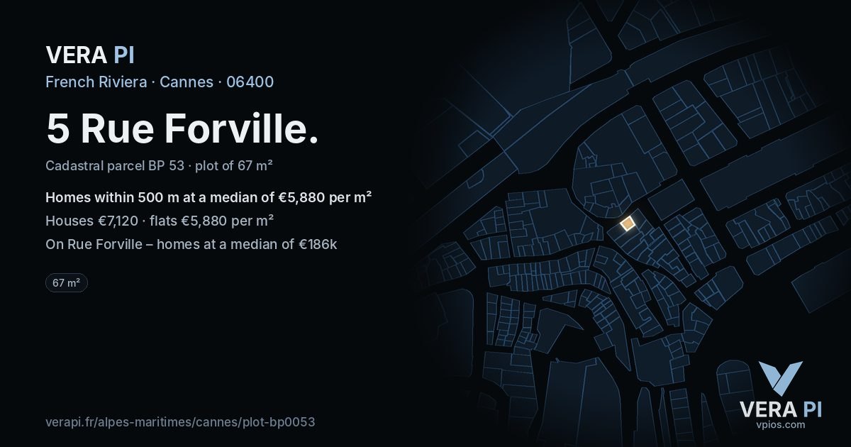 5 Rue Forville, Cannes at night – the plot lit, the parcels around coloured by the prices near them