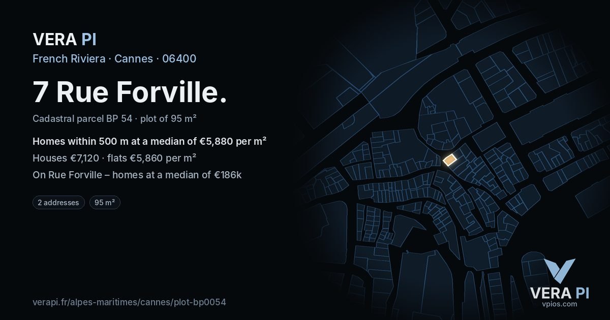 7 Rue Forville, Cannes at night – the plot lit, the parcels around coloured by the prices near them