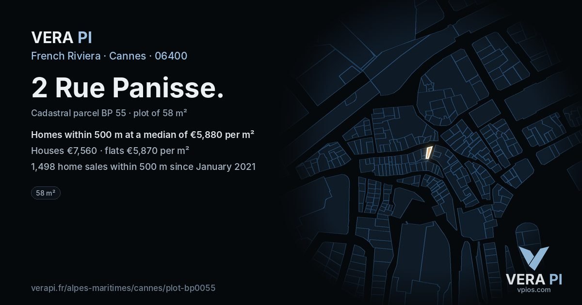 2 Rue Panisse, Cannes at night – the plot lit, the parcels around coloured by the prices near them