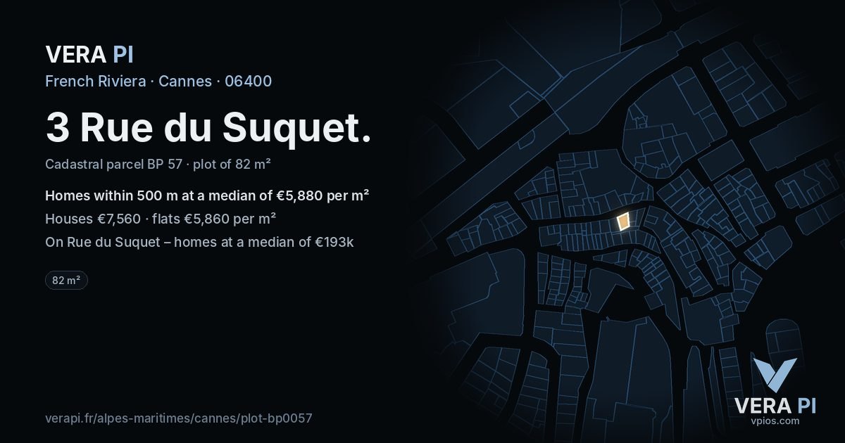 3 Rue du Suquet, Cannes at night – the plot lit, the parcels around coloured by the prices near them