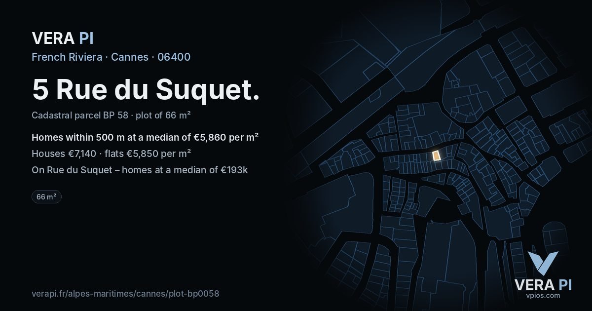 5 Rue du Suquet, Cannes at night – the plot lit, the parcels around coloured by the prices near them