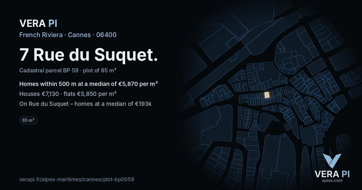 7 Rue du Suquet, Cannes at night – the plot lit, the parcels around coloured by the prices near them