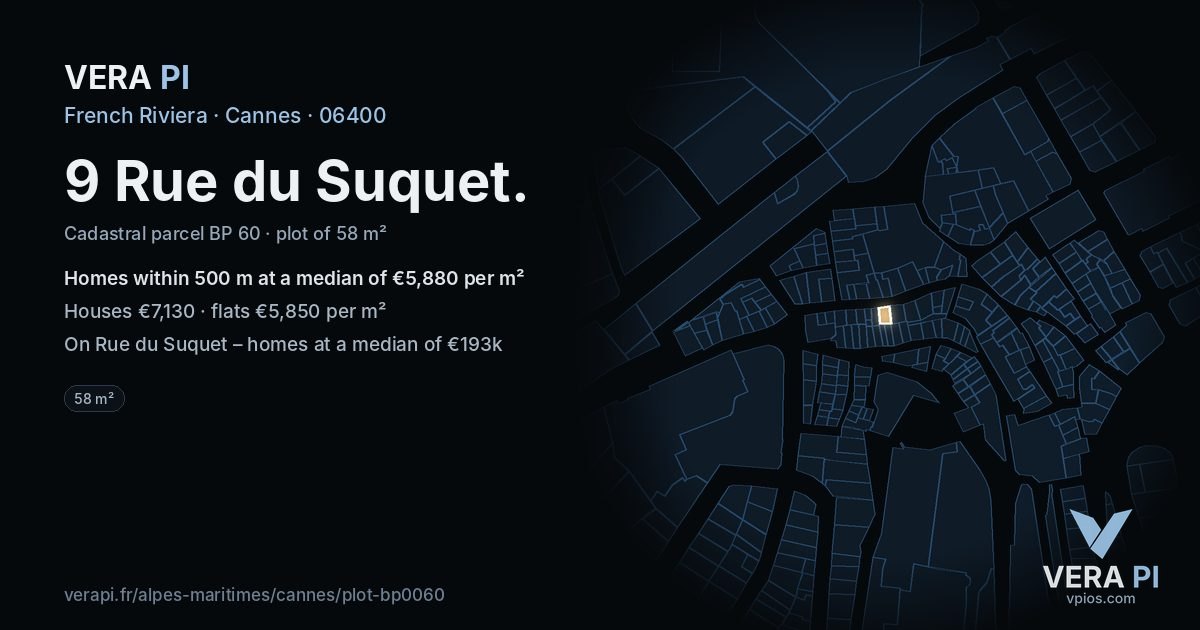 9 Rue du Suquet, Cannes at night – the plot lit, the parcels around coloured by the prices near them