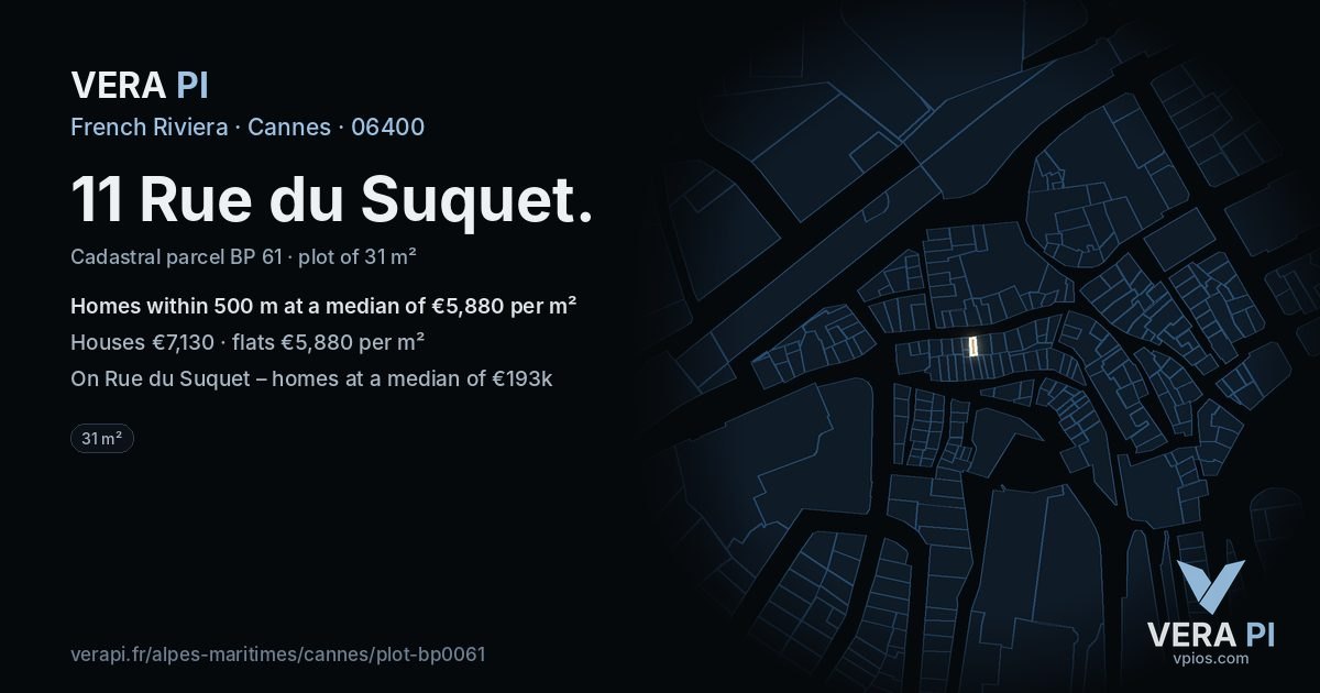 11 Rue du Suquet, Cannes at night – the plot lit, the parcels around coloured by the prices near them