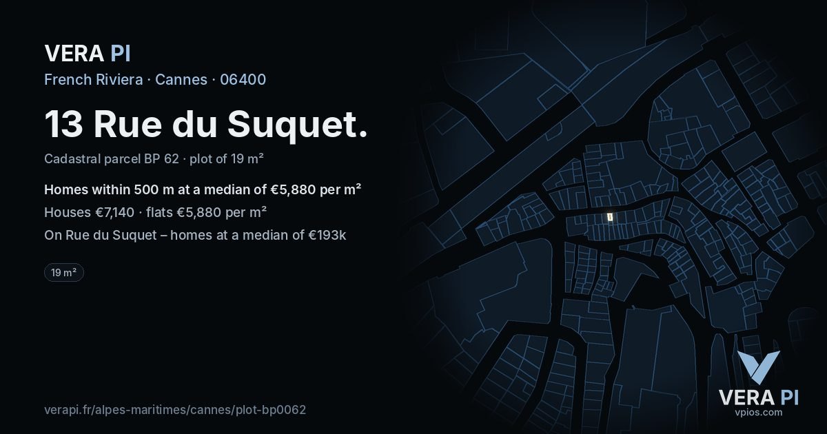 13 Rue du Suquet, Cannes at night – the plot lit, the parcels around coloured by the prices near them