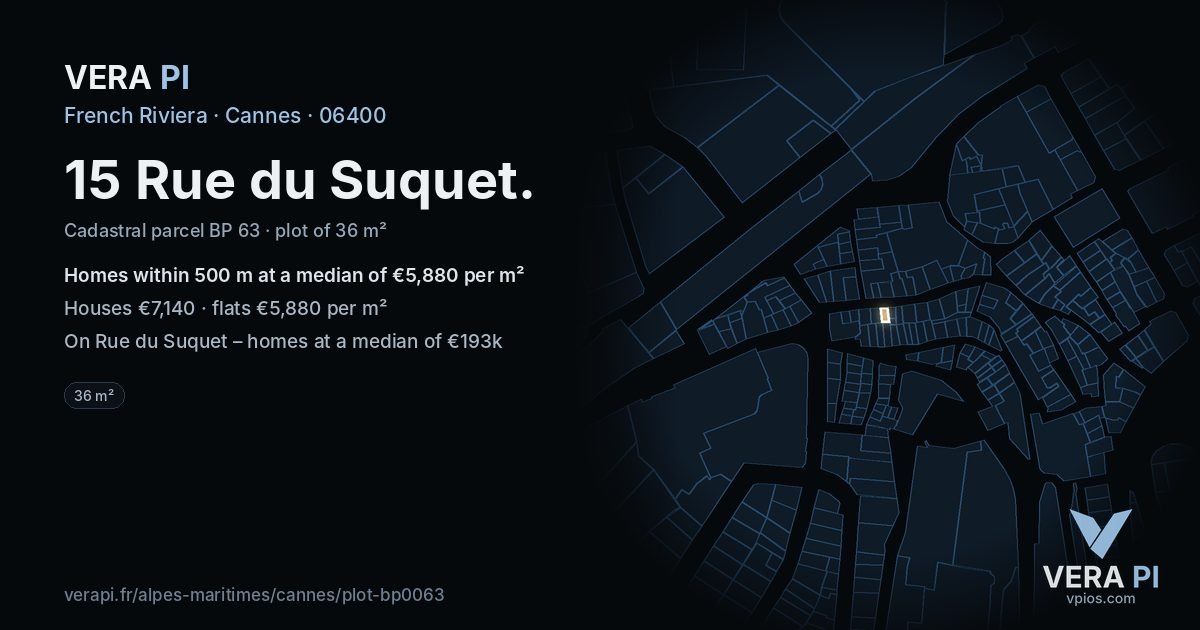 15 Rue du Suquet, Cannes at night – the plot lit, the parcels around coloured by the prices near them