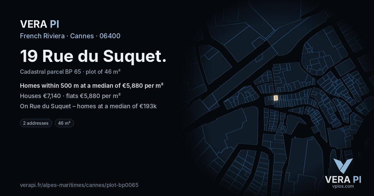 19 Rue du Suquet, Cannes at night – the plot lit, the parcels around coloured by the prices near them