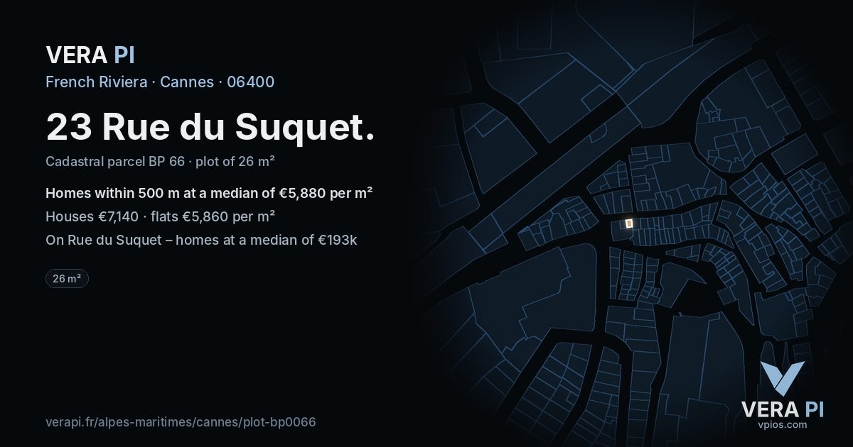 23 Rue du Suquet, Cannes at night – the plot lit, the parcels around coloured by the prices near them