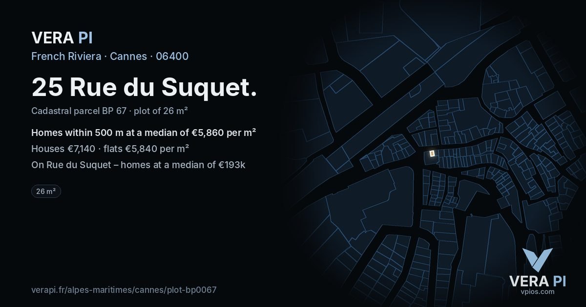 25 Rue du Suquet, Cannes at night – the plot lit, the parcels around coloured by the prices near them