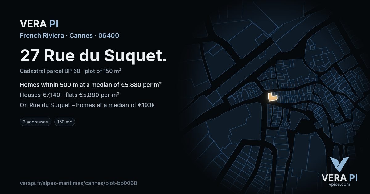 27 Rue du Suquet, Cannes at night – the plot lit, the parcels around coloured by the prices near them