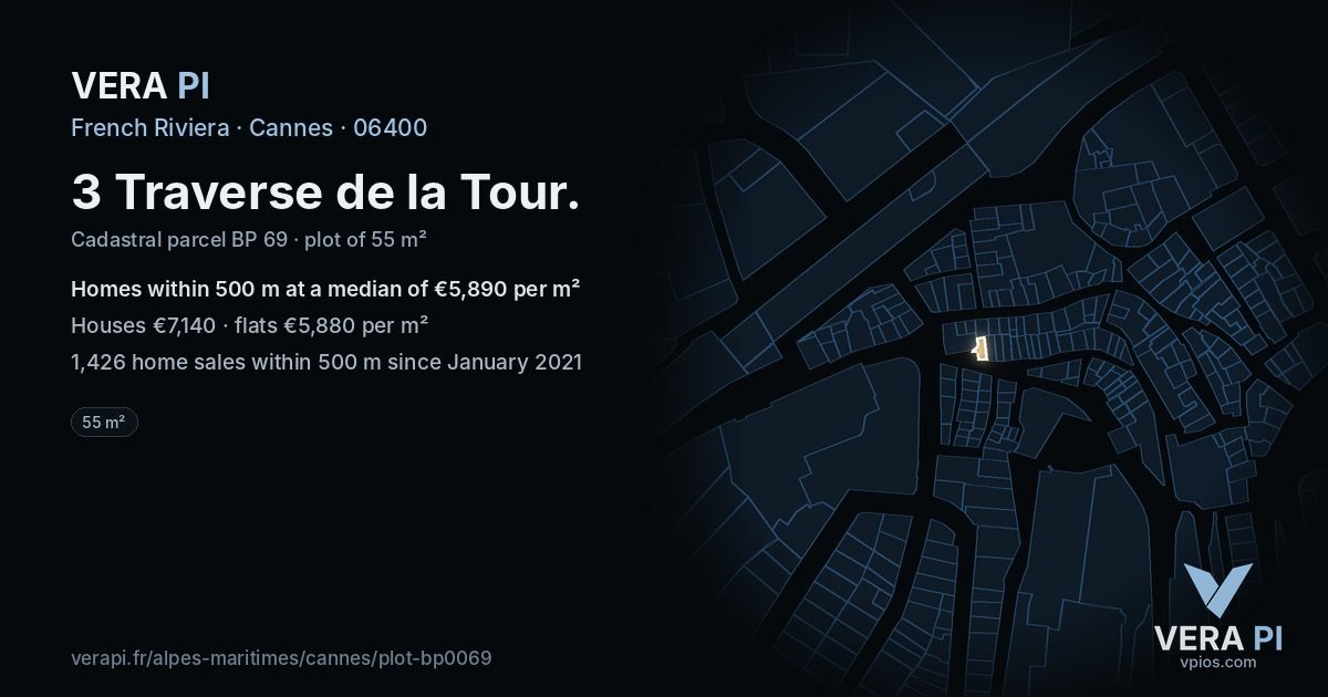 3 Traverse de la Tour, Cannes at night – the plot lit, the parcels around coloured by the prices near them