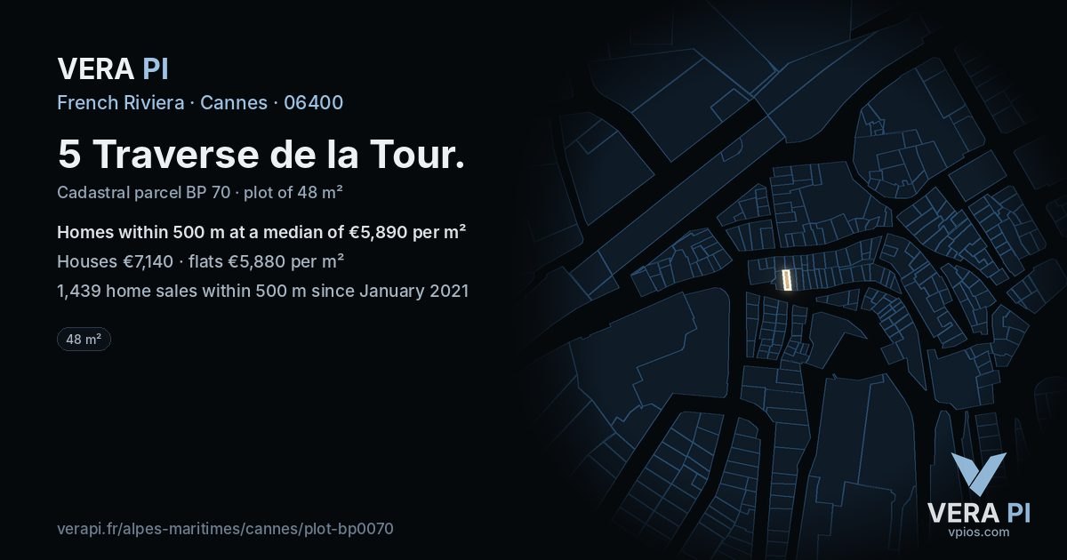 5 Traverse de la Tour, Cannes at night – the plot lit, the parcels around coloured by the prices near them