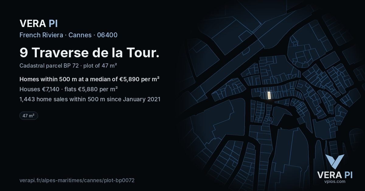 9 Traverse de la Tour, Cannes at night – the plot lit, the parcels around coloured by the prices near them
