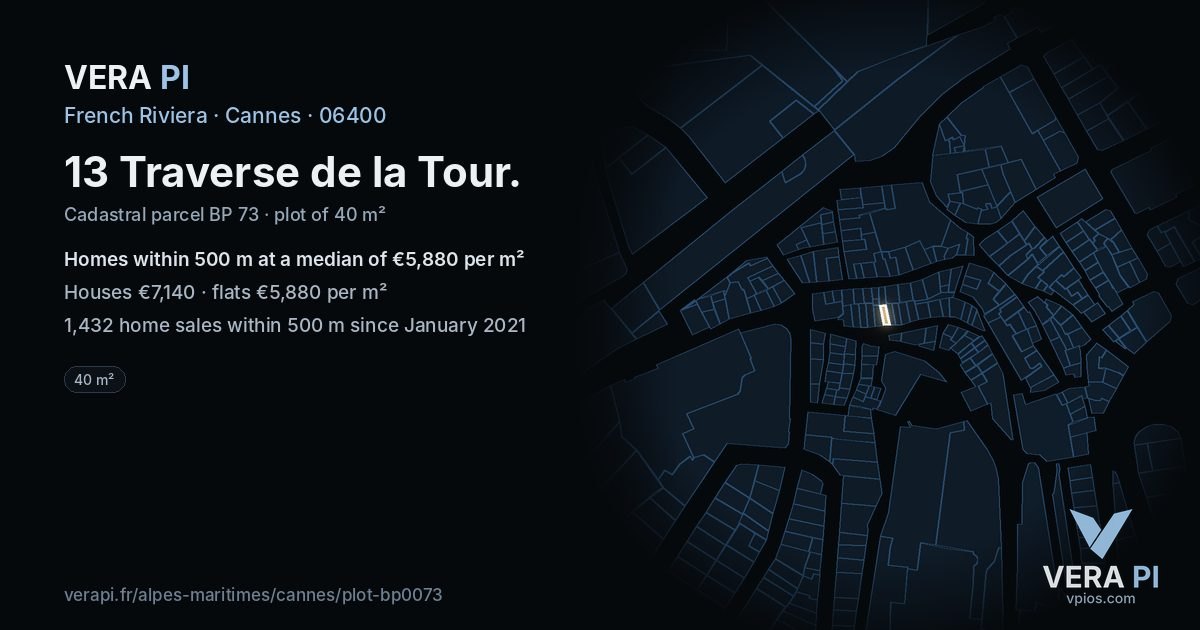 13 Traverse de la Tour, Cannes at night – the plot lit, the parcels around coloured by the prices near them