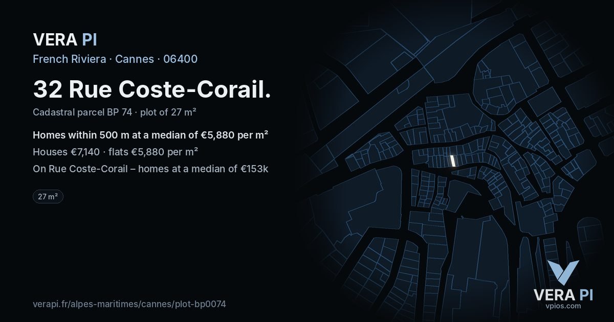 32 Rue Coste-Corail, Cannes at night – the plot lit, the parcels around coloured by the prices near them