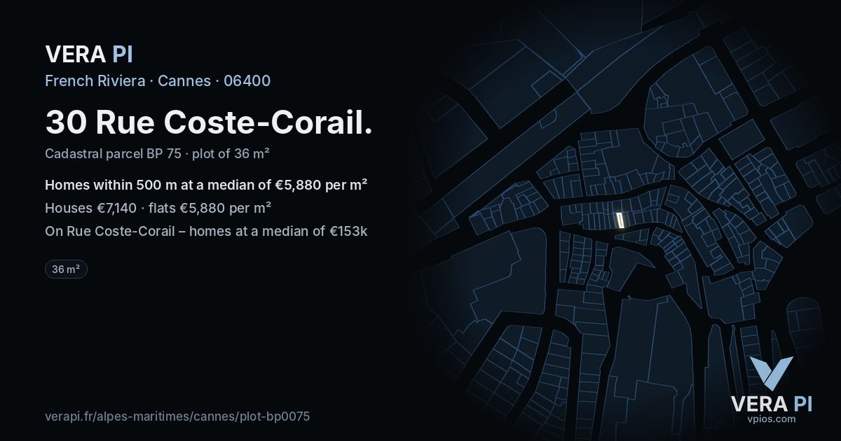 30 Rue Coste-Corail, Cannes at night – the plot lit, the parcels around coloured by the prices near them