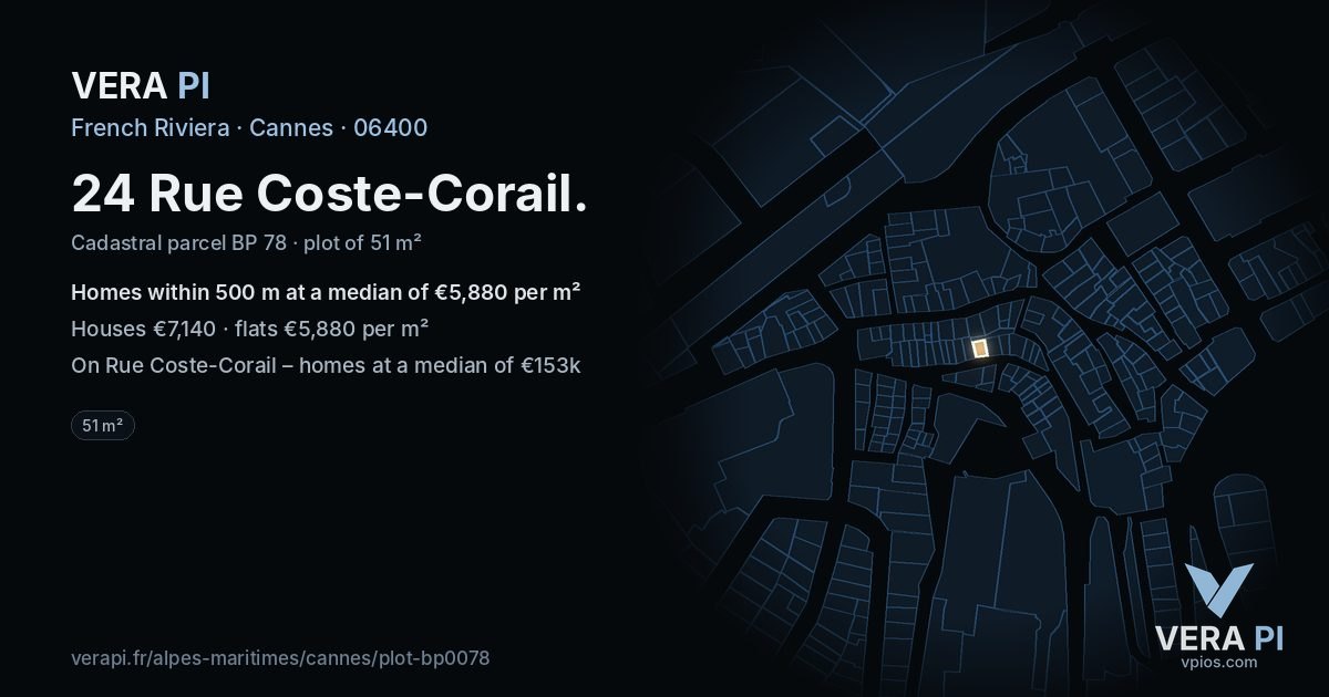 24 Rue Coste-Corail, Cannes at night – the plot lit, the parcels around coloured by the prices near them
