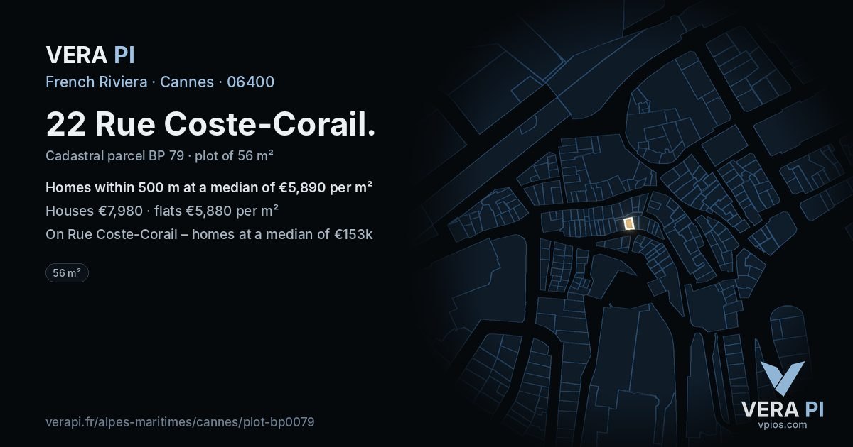 22 Rue Coste-Corail, Cannes at night – the plot lit, the parcels around coloured by the prices near them