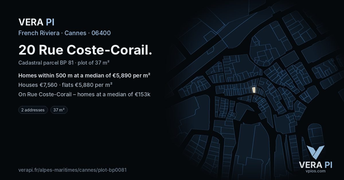 20 Rue Coste-Corail, Cannes at night – the plot lit, the parcels around coloured by the prices near them