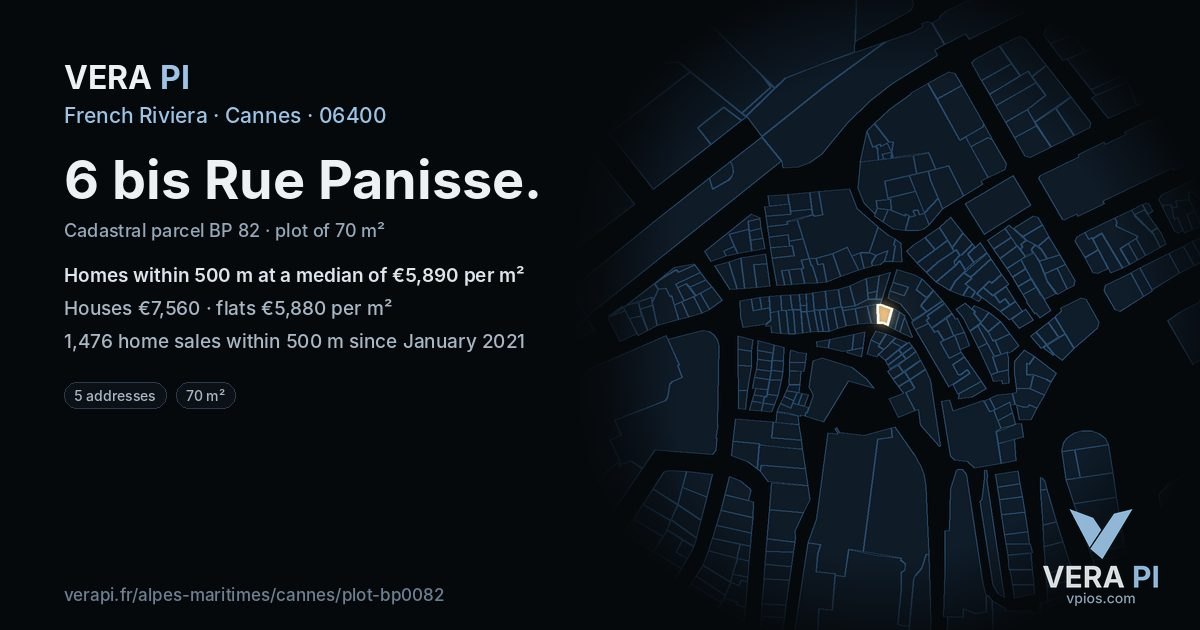 6 bis Rue Panisse, Cannes at night – the plot lit, the parcels around coloured by the prices near them