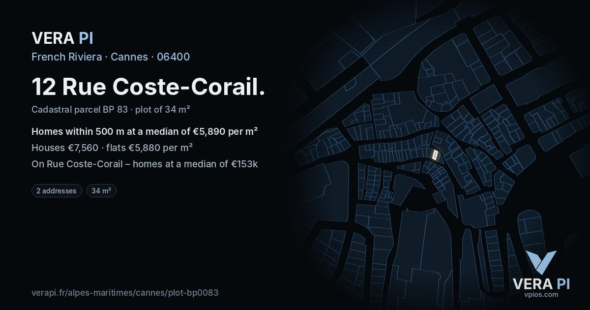 12 Rue Coste-Corail, Cannes at night – the plot lit, the parcels around coloured by the prices near them