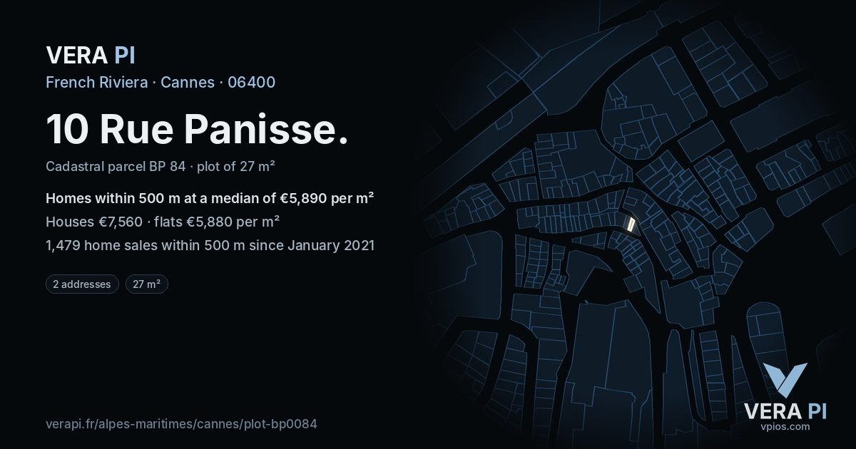 10 Rue Panisse, Cannes at night – the plot lit, the parcels around coloured by the prices near them