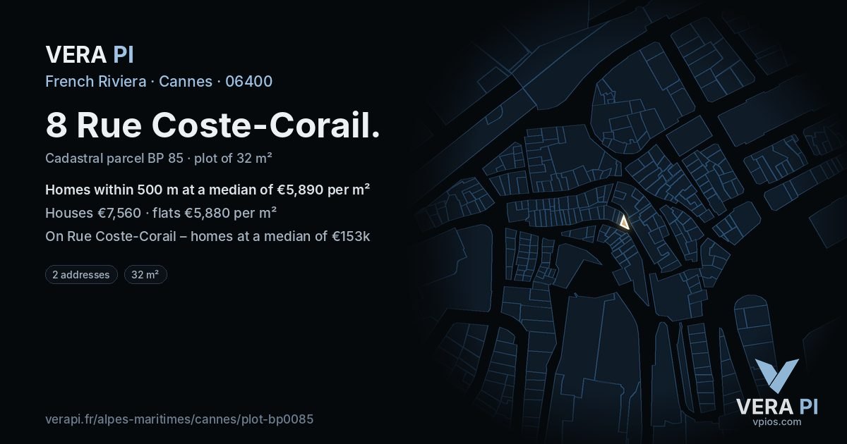 8 Rue Coste-Corail, Cannes at night – the plot lit, the parcels around coloured by the prices near them