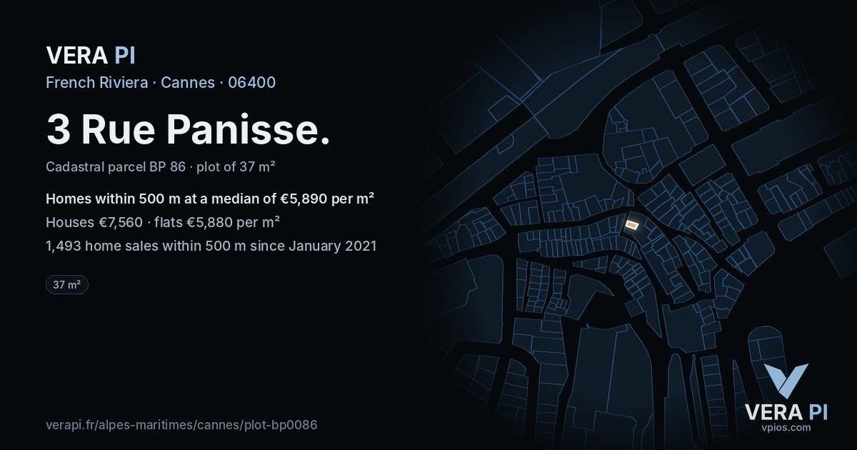 3 Rue Panisse, Cannes at night – the plot lit, the parcels around coloured by the prices near them