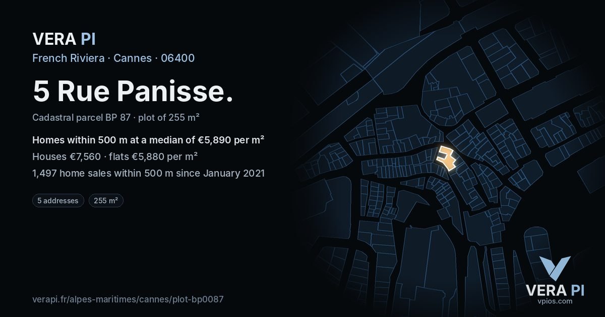 5 Rue Panisse, Cannes at night – the plot lit, the parcels around coloured by the prices near them