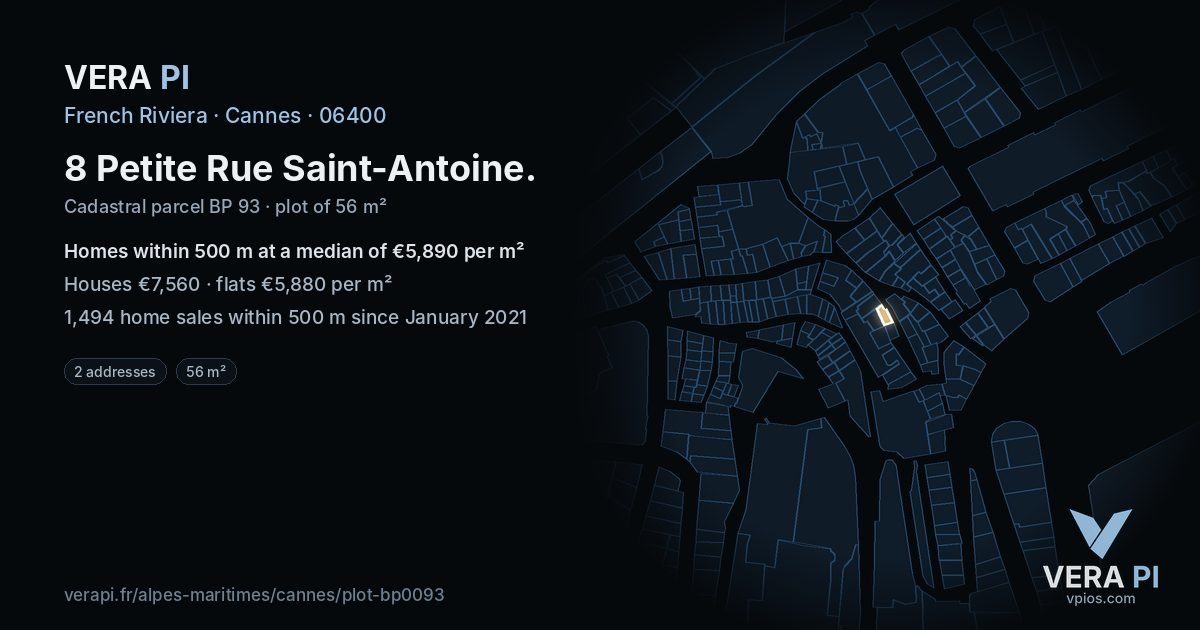 8 Petite Rue Saint-Antoine, Cannes at night – the plot lit, the parcels around coloured by the prices near them