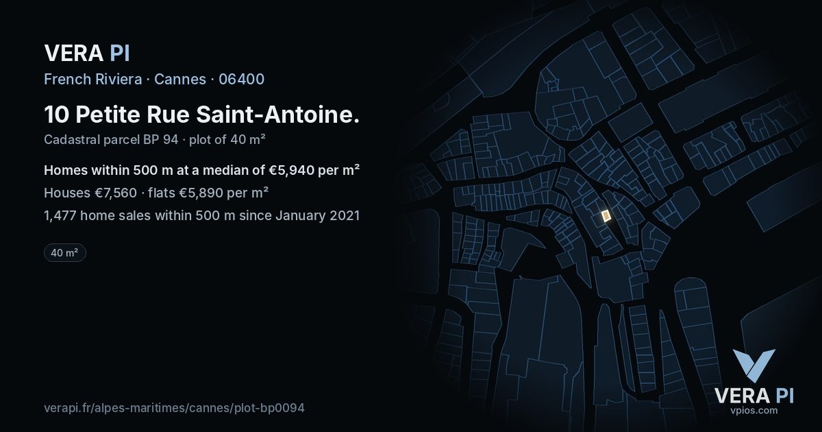 10 Petite Rue Saint-Antoine, Cannes at night – the plot lit, the parcels around coloured by the prices near them