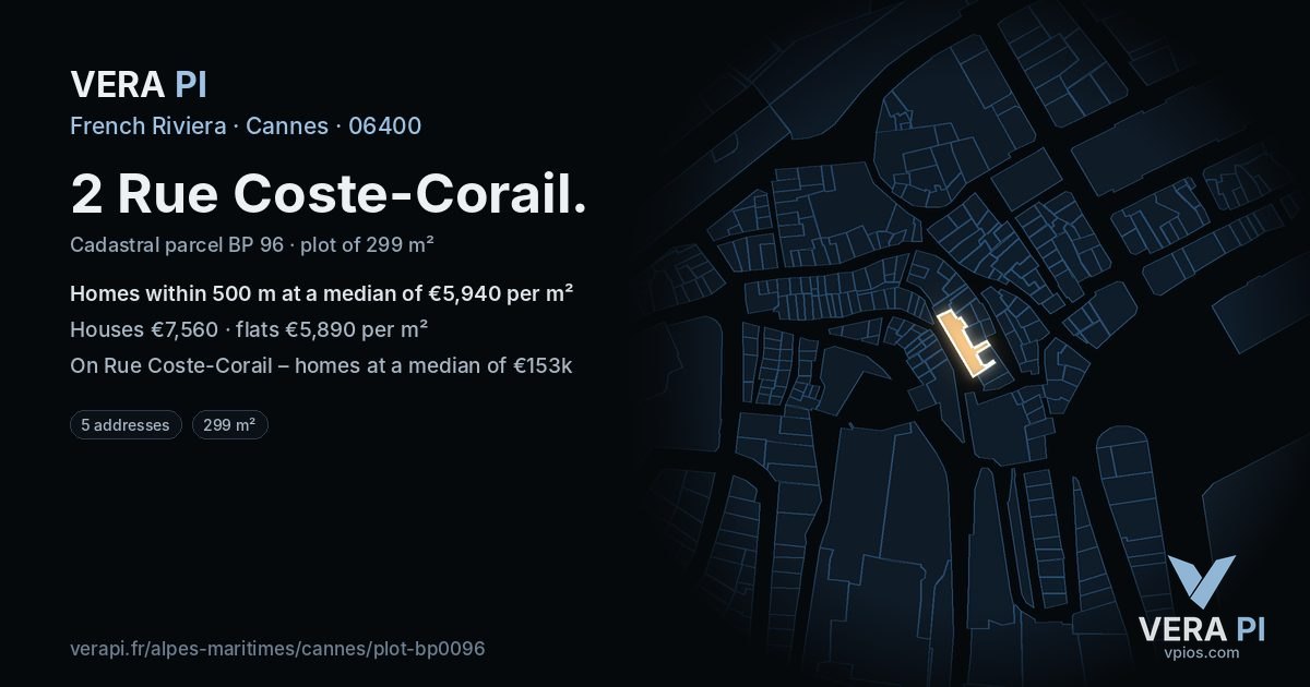 2 Rue Coste-Corail, Cannes at night – the plot lit, the parcels around coloured by the prices near them